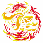 Ilustração vibrante de um dragão em tons de vermelho e amarelo, com foco em uma cabeça feroz e garras destacadas, simbolizando força e poder. Ideal para temas relacionados a fantasia, mitologia e artes marciais.