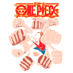 Imagem do personagem Luffy de One Piece, cercado por punhos em um fundo vibrante, simbolizando ação e energia. O título "One Piece" aparece no topo, destacando a famosa série de anime e mangá.
