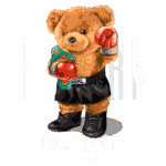 Urso de pelúcia vestido de boxeador, usando luvas de boxe vermelhas e um cinturão de campeão, com as palavras "BORN CHAMPION" e "FIGHT FOR IT" em destaque. Ideal para produtos relacionados a esportes e motivação.