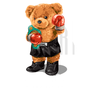 Urso de pelúcia vestido de boxeador, usando luvas de boxe vermelhas e um cinturão de campeão, com as palavras "BORN CHAMPION" e "FIGHT FOR IT" em destaque. Ideal para produtos relacionados a esportes e motivação.