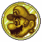 Imagem de uma moeda dourada com o rosto do personagem Mario em estilo pixelado, popular nos videogames da Nintendo.