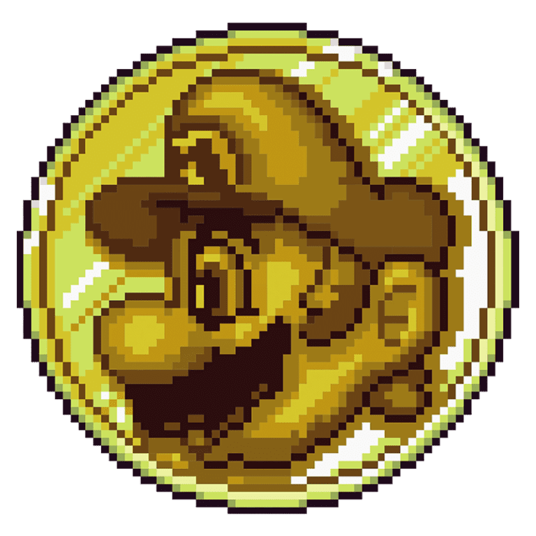 Imagem de uma moeda dourada com o rosto do personagem Mario em estilo pixelado, popular nos videogames da Nintendo.