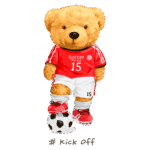 Ursinho de pelúcia vestido com uniforme de futebol, chuteiras vermelhas, em cima de uma bola de futebol, com a inscrição "Soccer Play Hard" e o número 15.