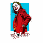 Imagem do Coringa, personagem icônico de quadrinhos, vestido com um paletó vermelho e maquiagem de palhaço, posando com um sorriso malicioso em um fundo azul.