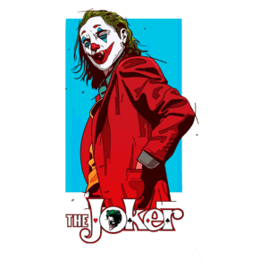 Imagem do Coringa, personagem icônico de quadrinhos, vestido com um paletó vermelho e maquiagem de palhaço, posando com um sorriso malicioso em um fundo azul.