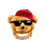 urso estilizado com óculos escuros, boné vermelho escrito "BOY" e corrente dourada, com fundo verde e a palavra "LEGENDS" na parte inferior. Perfeito para moda juvenil e streetwear.