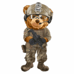 Ursinho vestido de soldado, usando uniforme camuflado, capacete e fones de ouvido, segurando uma arma, em estilo cartoon.