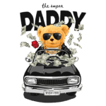 Urso de pelúcia estiloso dirigindo um carro preto, cercado por notas de dinheiro e segurando uma rosa, com a frase "the sugar DADDY" acima. Ideal para representar riqueza e estilo de vida luxuoso.