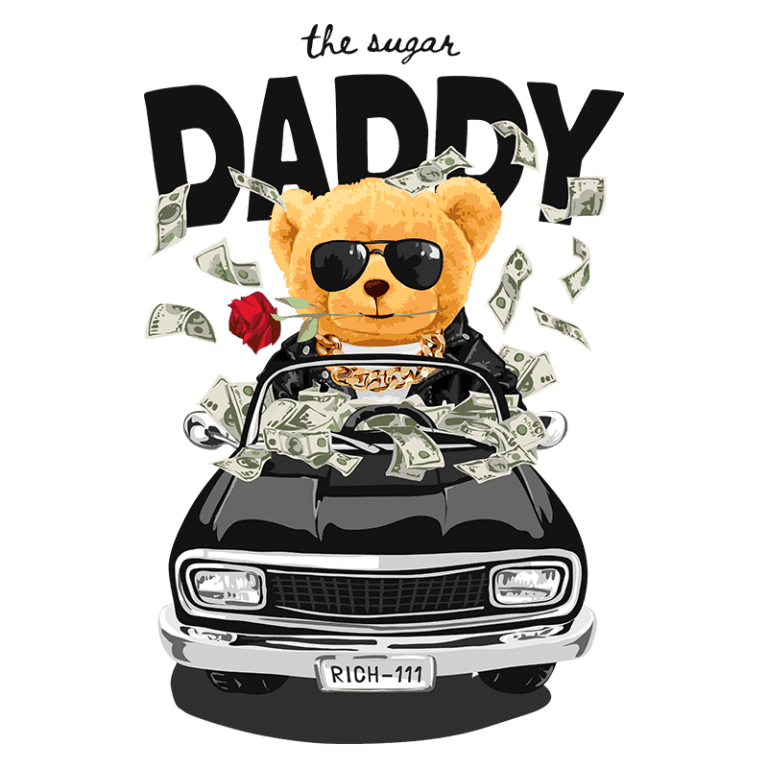 Urso de pelúcia estiloso dirigindo um carro preto, cercado por notas de dinheiro e segurando uma rosa, com a frase "the sugar DADDY" acima. Ideal para representar riqueza e estilo de vida luxuoso.