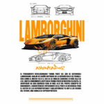 Imagem do Lamborghini Aventador em estilo gráfico, com desenho estilizado do carro nas perspectivas frontal, lateral e traseira. A arte destaca a marca Lamborghini em laranja vibrante, acompanhada de uma breve descrição sobre o modelo e suas características, ressaltando seu design inovador e desempenho superior.