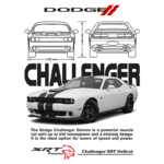 Imagem do Dodge Challenger Demon, um carro esportivo poderoso com até 840 cavalos de potência. O design impressionante e as dimensões são destacadas, tornando-o ideal para amantes de velocidade e desempenho.