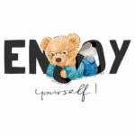 Ursinho de pelúcia usando óculos, deitado e sorrindo, com a frase "Enjoy yourself!" ao lado, em um design divertido e acolhedor. Ideal para transmitir uma mensagem de alegria e autocuidado.