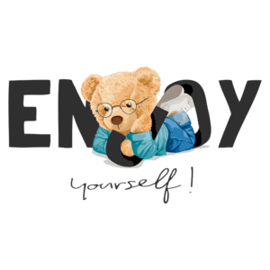 Ursinho de pelúcia usando óculos, deitado e sorrindo, com a frase "Enjoy yourself!" ao lado, em um design divertido e acolhedor. Ideal para transmitir uma mensagem de alegria e autocuidado.
