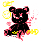 Imagem de um urso de pelúcia estilizado em arte urbana, com elementos gráficos vibrantes, incluindo um sorriso, um diamante e frases como "Get Outside" e "Let's Play", representando uma mensagem de diversão e criatividade.