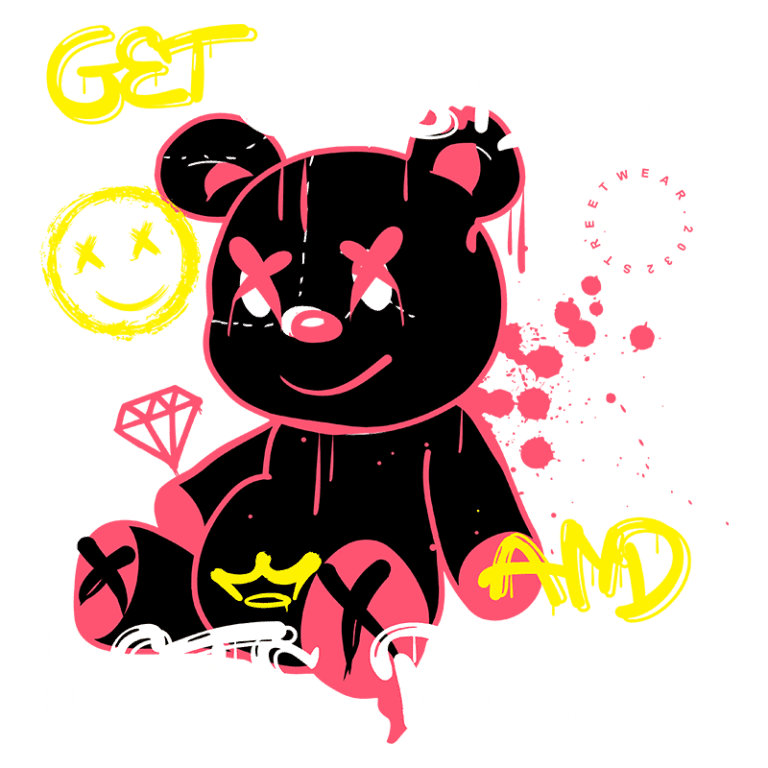 Imagem de um urso de pelúcia estilizado em arte urbana, com elementos gráficos vibrantes, incluindo um sorriso, um diamante e frases como "Get Outside" e "Let's Play", representando uma mensagem de diversão e criatividade.