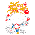 Ilustração do personagem King Bob-omb com uma coroa, cercado por explosões, e o Mario correndo na parte inferior, representando uma cena clássica do jogo Super Mario.