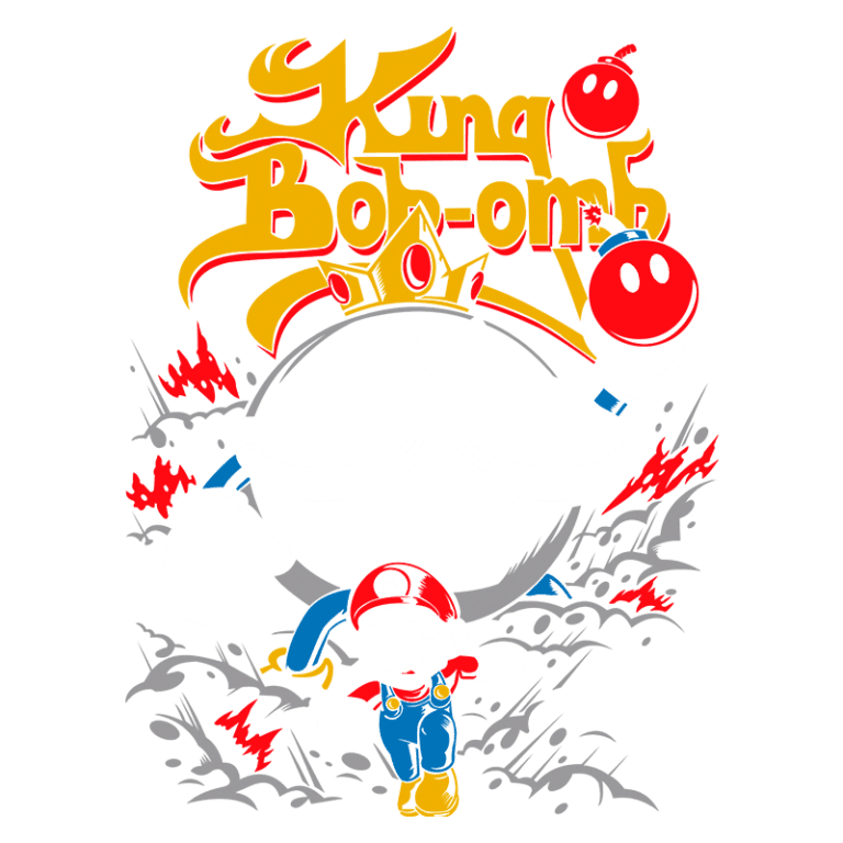 Ilustração do personagem King Bob-omb com uma coroa, cercado por explosões, e o Mario correndo na parte inferior, representando uma cena clássica do jogo Super Mario.