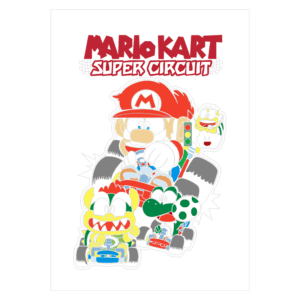 Imagem colorida do jogo Mario Kart: Super Circuit, apresentando Mario dirigindo um kart, acompanhado por personagens como Yoshi e Kamek, todos prontos para a corrida. O título do jogo está destacado na parte superior.