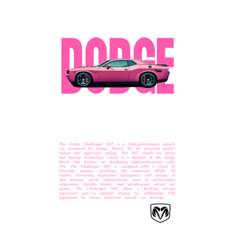 Imagem do Dodge Challenger SRT, um carro muscle de alto desempenho, destacado por sua cor rosa vibrante, design agressivo e motorização potente. O texto menciona a tecnologia SRT, que enfatiza a performance e a herança do muscle car americano.