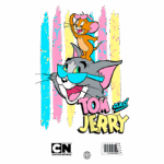 Imagem de Tom e Jerry, com Tom sorrindo e usando óculos de sol, enquanto Jerry está sentado em sua cabeça. O fundo apresenta faixas coloridas em azul, rosa e amarelo, destacando os personagens icônicos do Cartoon Network.