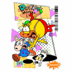 Ilustração colorida dos personagens do desenho animado "Rocko's Modern Life", mostrando Rocko, Heffer e o cachorro Spunky em uma pose animada e divertida, com elementos geométricos em fundo vibrante.