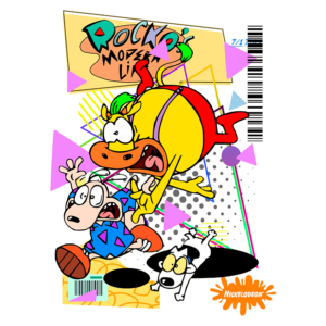 Ilustração colorida dos personagens do desenho animado "Rocko's Modern Life", mostrando Rocko, Heffer e o cachorro Spunky em uma pose animada e divertida, com elementos geométricos em fundo vibrante.