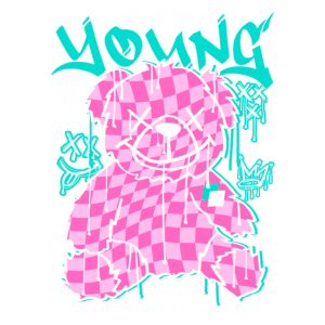 Urso de pelúcia rosa com padrões de quadrados, apresentando grafismos modernos e a frase "Forever Young and Always Cool". Ideal para decoração jovem e urbana.