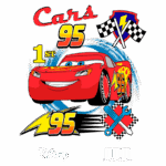 Imagem do carro Lightning McQueen, do filme "Cars" da Disney, destacando o número 95 e o título de 1º lugar. Elementos gráficos incluem bandeiras quadriculadas e ferramentas, representando corridas e mecânica.