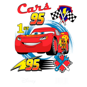 Imagem do carro Lightning McQueen, do filme "Cars" da Disney, destacando o número 95 e o título de 1º lugar. Elementos gráficos incluem bandeiras quadriculadas e ferramentas, representando corridas e mecânica.