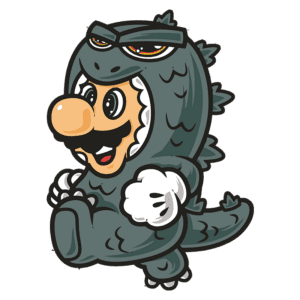 Personagem animado inspirado em Mario, vestido como um monstro gigante, semelhante ao Godzilla, com detalhes em cinza e olhos expressivos.