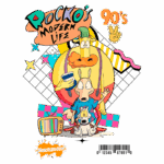 Ilustração do desenho animado "Rocko's Modern Life", exibido nos anos 90, apresentando os personagens principais: Rocko, Heffer e Filburt, em um fundo colorido com elementos gráficos da época e o logotipo da Nickelodeon.