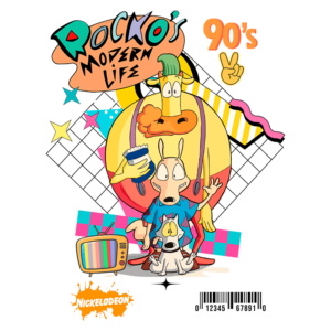 Ilustração do desenho animado "Rocko's Modern Life", exibido nos anos 90, apresentando os personagens principais: Rocko, Heffer e Filburt, em um fundo colorido com elementos gráficos da época e o logotipo da Nickelodeon.