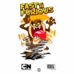 Taz do Cartoon Network em movimento, com a língua de fora e rodeado por um redemoinho, representando a série "Fast & Furious". Fundo com elementos de selva e a marca do Cartoon Network.