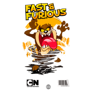 Taz do Cartoon Network em movimento, com a língua de fora e rodeado por um redemoinho, representando a série "Fast & Furious". Fundo com elementos de selva e a marca do Cartoon Network.
