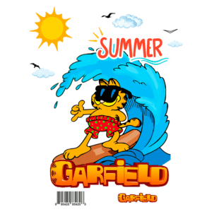 Ilustração do gato Garfield surfando em uma onda, usando óculos escuros e com bermuda de praia, sob um sol radiante e nuvens no céu, com a palavra "SUMMER" destacada. Ideal para temas de verão e entretenimento.