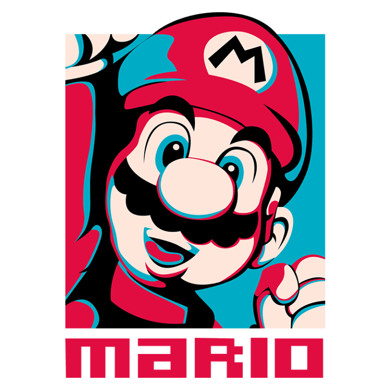 Imagem estilizada do personagem Mario, famoso ícone dos videogames, com chapéu vermelho e bigode, em uma pose animada e colorida. Abaixo, o nome "MARIO" em letras grandes e destacadas.