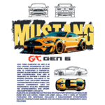 Imagem de um Ford Mustang GT da 6ª geração, destacando seu design esportivo em amarelo e preto. O carro é apresentado em um fundo estilizado com a palavra "MUSTANG" em destaque. Inclui ilustrações do veículo em diferentes ângulos, ressaltando suas características aerodinâmicas e desempenho impressionante.