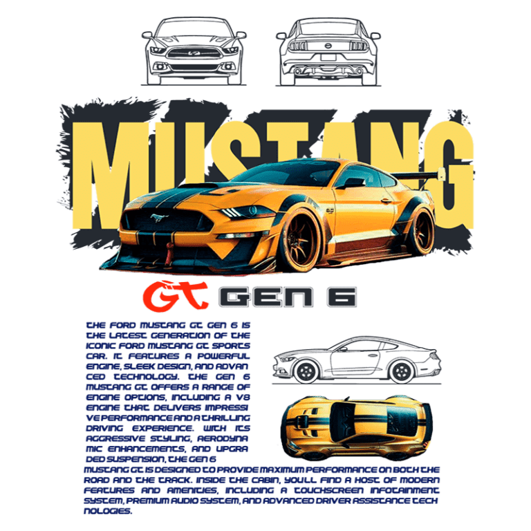 Imagem de um Ford Mustang GT da 6ª geração, destacando seu design esportivo em amarelo e preto. O carro é apresentado em um fundo estilizado com a palavra "MUSTANG" em destaque. Inclui ilustrações do veículo em diferentes ângulos, ressaltando suas características aerodinâmicas e desempenho impressionante.