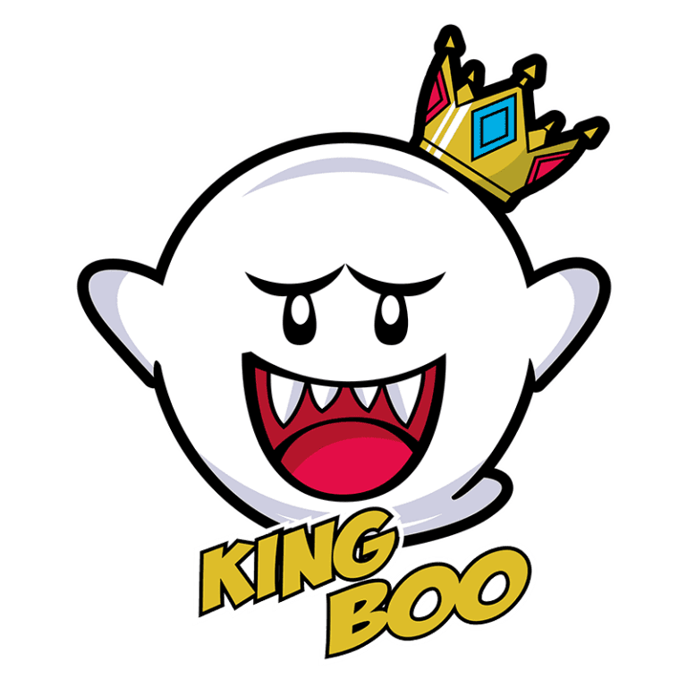 Imagem do personagem King Boo, um fantasma branco com coroa amarela e sorriso ameaçador, conhecido como o líder dos Boos na série de jogos Mario.