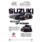 Ilustração de um carro Suzuki estilizado, destacando seu design esportivo e potente. O texto "ROAR OF POWER" enfatiza a performance do veículo, enquanto os esquemas técnicos ao fundo mostram detalhes do carro. Logotipo da Suzuki no canto inferior.