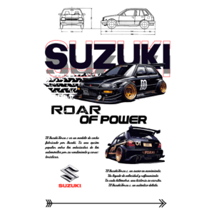 Ilustração de um carro Suzuki estilizado, destacando seu design esportivo e potente. O texto "ROAR OF POWER" enfatiza a performance do veículo, enquanto os esquemas técnicos ao fundo mostram detalhes do carro. Logotipo da Suzuki no canto inferior.