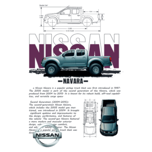 Imagem do Nissan Navara 2005, um popular modelo de caminhonete da Nissan, destacando suas dimensões, design robusto e capacidades off-road. Inclui informações sobre a segunda geração do veículo, produzida de 2004 a 2015, e suas melhorias em conforto e desempenho.