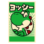 Ilustração do personagem Yoshi, um dinossauro verde, com um sorriso amigável, em um fundo verde e amarelo. O design apresenta traços de estilo cartoon, destacando a popularidade do personagem em jogos da Nintendo.