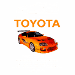 Imagem de um Toyota Supra MK4 laranja, destacando suas especificações e desempenho. O carro possui um motor de 440 CV e pode acelerar de 0 a 100 km/h em 5 segundos, alcançando uma velocidade máxima de 260 km/h. O design inclui detalhes aerodinâmicos e gráficos personalizados.
