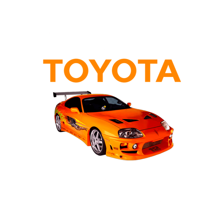 Imagem de um Toyota Supra MK4 laranja, destacando suas especificações e desempenho. O carro possui um motor de 440 CV e pode acelerar de 0 a 100 km/h em 5 segundos, alcançando uma velocidade máxima de 260 km/h. O design inclui detalhes aerodinâmicos e gráficos personalizados.