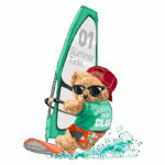 Ursinho surfista em uma prancha de windsurf, usando óculos escuros e boné, com uma camiseta verde do clube de surf, navegando em águas agitadas com espuma ao redor.