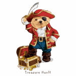 Ursinho vestido de pirata com espada, chapéu e tapa-olho, sorrindo enquanto posa sobre um baú de tesouro cheio de joias e moedas, com a frase "Treasure Hunt!" em destaque.