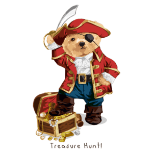 Ursinho vestido de pirata com espada, chapéu e tapa-olho, sorrindo enquanto posa sobre um baú de tesouro cheio de joias e moedas, com a frase "Treasure Hunt!" em destaque.
