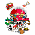 Grupo de personagens do desenho animado "Kids Next Door", em uma pose dinâmica, com elementos gráficos como explosões e um foguete. Destacam-se suas roupas coloridas e expressões animadas, refletindo a energia da série. Logotipos da Cartoon Network e Kids Next Door estão visíveis na parte inferior.