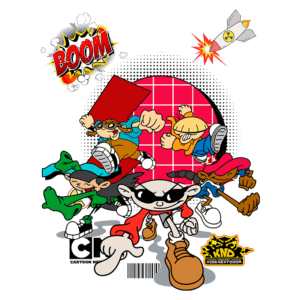 Grupo de personagens do desenho animado "Kids Next Door", em uma pose dinâmica, com elementos gráficos como explosões e um foguete. Destacam-se suas roupas coloridas e expressões animadas, refletindo a energia da série. Logotipos da Cartoon Network e Kids Next Door estão visíveis na parte inferior.